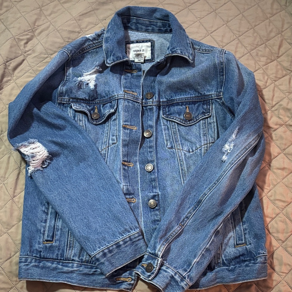 Forever 21 Blue Ripped Denim Jacket